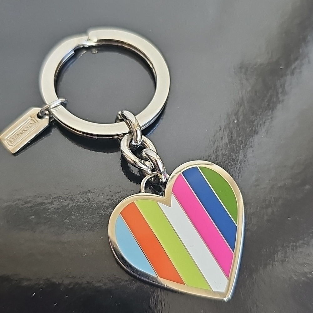 Coach NWOT Legacy Multicolor Striped Heart Keychain Bag Charm